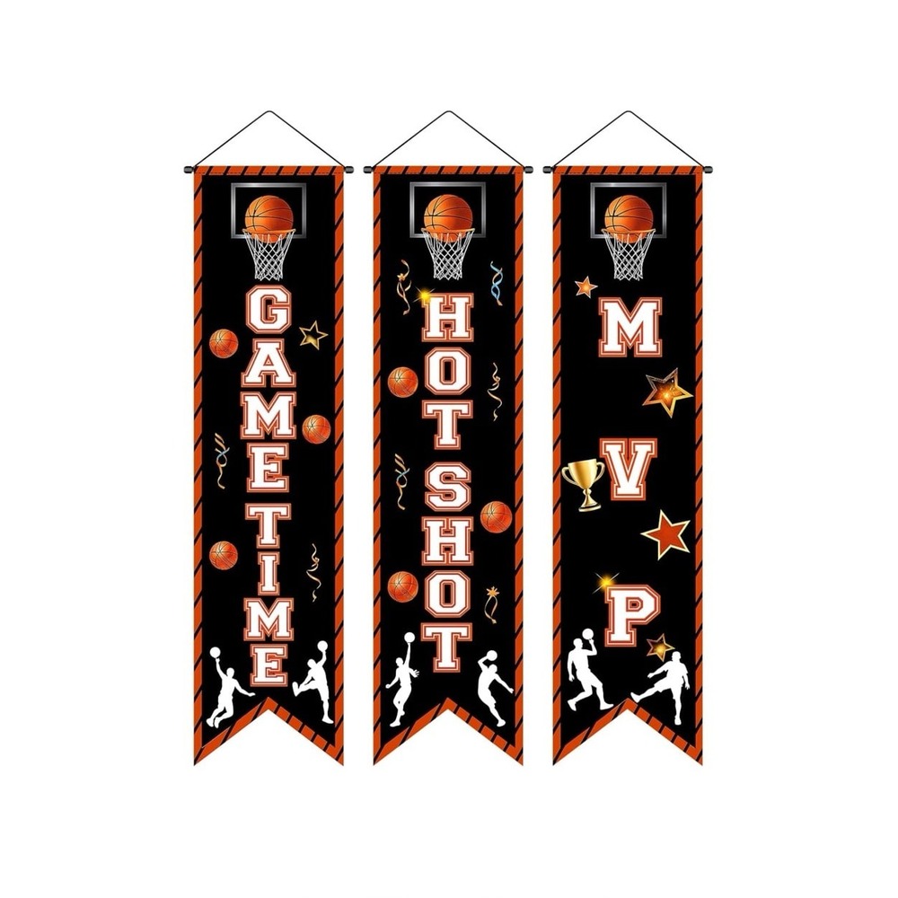 3Pcs Basketball Party Decorations Banner Sign Basketball Game Time Porch Signs